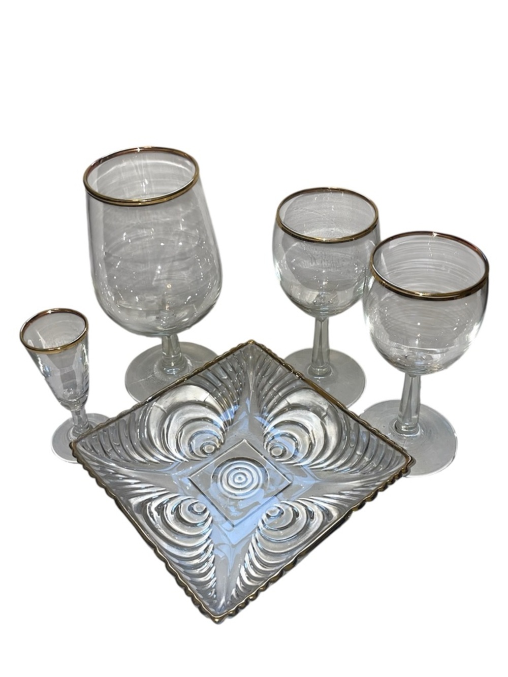 Vtg Clear Glassware Set Gold Rim Stemware Barware Wine Candy Nut Dish  Trinkets